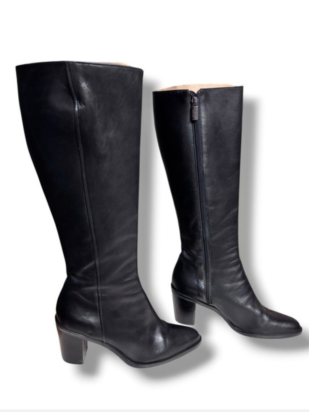 ENZO ANGIOLINI Black Leather Side Zip Block Heel Knee Boots Helmer Size 7.5 - Picture 2 of 9
